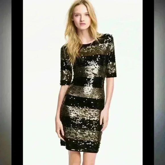 BCBGMAXAZRIA NWT Marta Black Gold Dress Size L Allover Sequin Striped Sheath - Picture 1 of 11